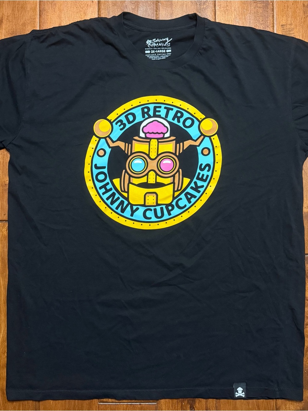 Johnny Cupcakes Black Tee with Yellow, Cyan & Pink 3D Retro Logo 2XL